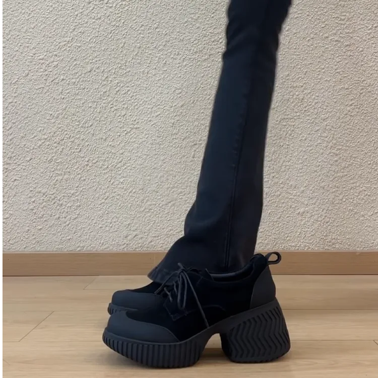 羊皮版真皮复古风时尚圆头系带防水台厚底不累脚休闲深口单鞋