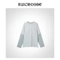 【RUIORCODE】休闲复古假两件条纹拼接长袖T恤 理性消费#