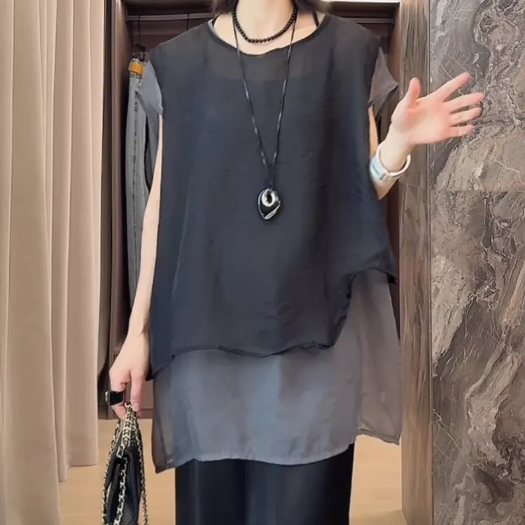 韩版时尚薄款圆领宽松不规则两件套T恤女2025年夏季新款短袖上衣