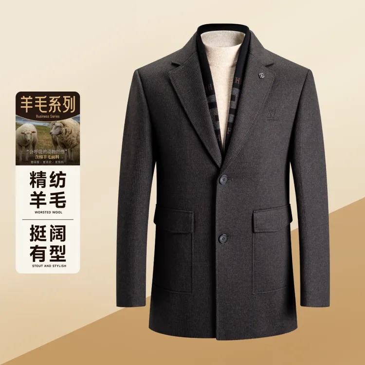 【85白鸭绒+澳毛】冬季加厚三穿羊毛羽绒内胆可拆男士短大衣风衣