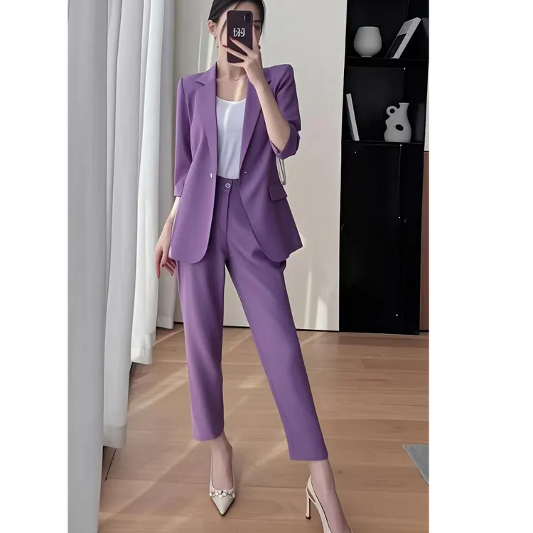 大码薄款西装套装女夏新款干练气质胖mm时尚休闲西服九分裤两件套