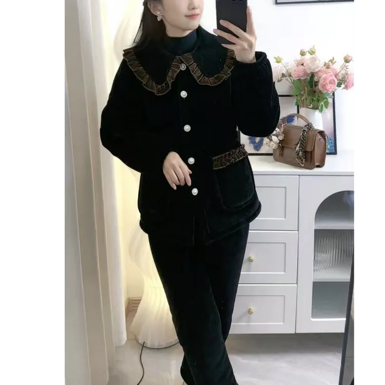 外穿冷冬休闲咖色娃娃领花边睡衣家居服保暖套装 收腰款 直筒款