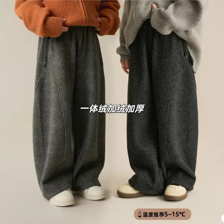 儿童加绒简约休闲弯刀裤2025冬季新款男女童韩版宽百搭宽松长裤潮