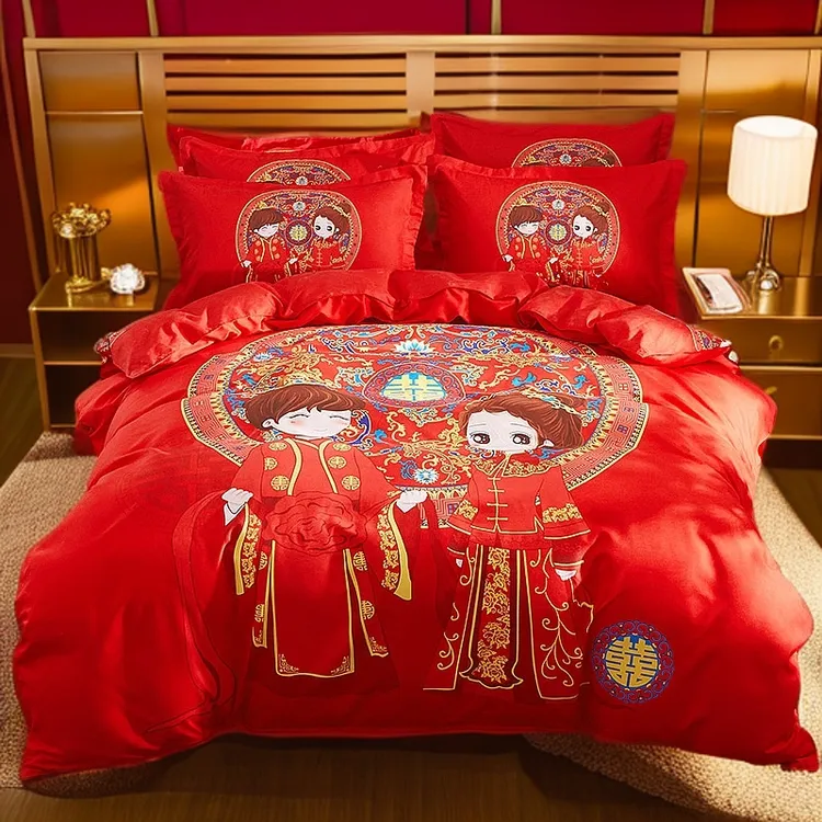 结婚床上用品四件套婚庆斜纹棉加厚床单被套大红色喜被新婚嫁房4