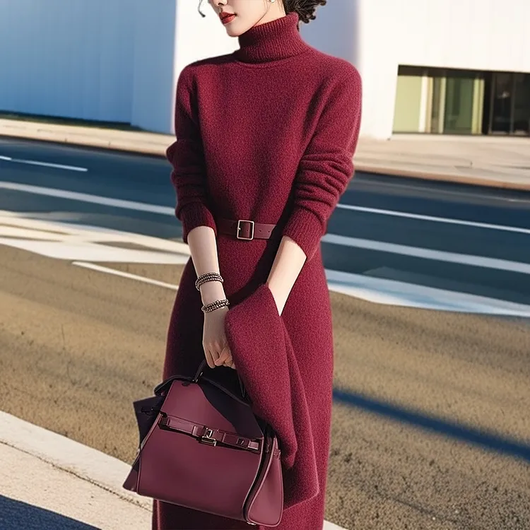 【商场同款】25早春新新款漂亮独特打底裙子安哥拉红高领针织女连衣