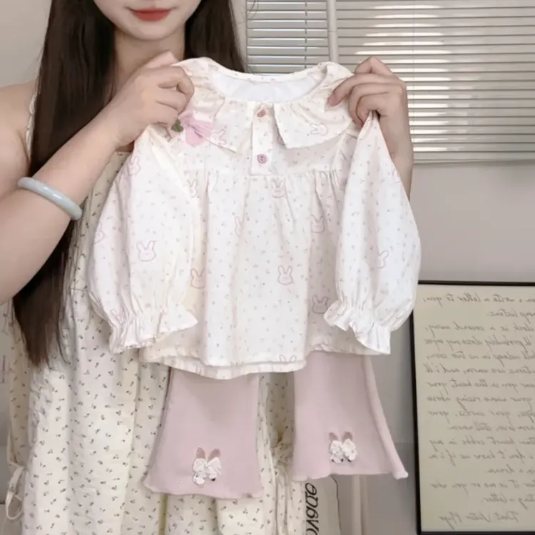【米露专属】新女童春秋女公主风长袖蝴蝶结花边上衣立体长袖衬衫休闲刺绣裤