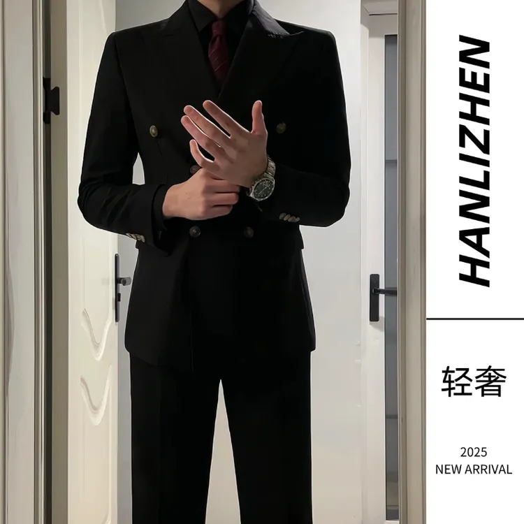 轻奢双排扣英伦风戗驳领男士西服套装修身商务新郎结婚礼服套装