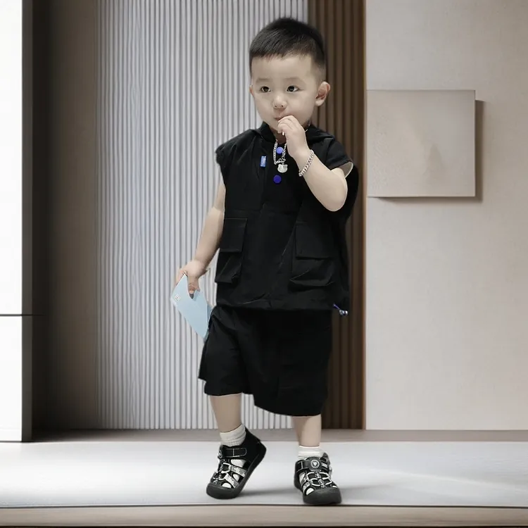 男童夏款套装2025新款洋气男宝宝薄款连帽马甲工装休闲短裤两件套