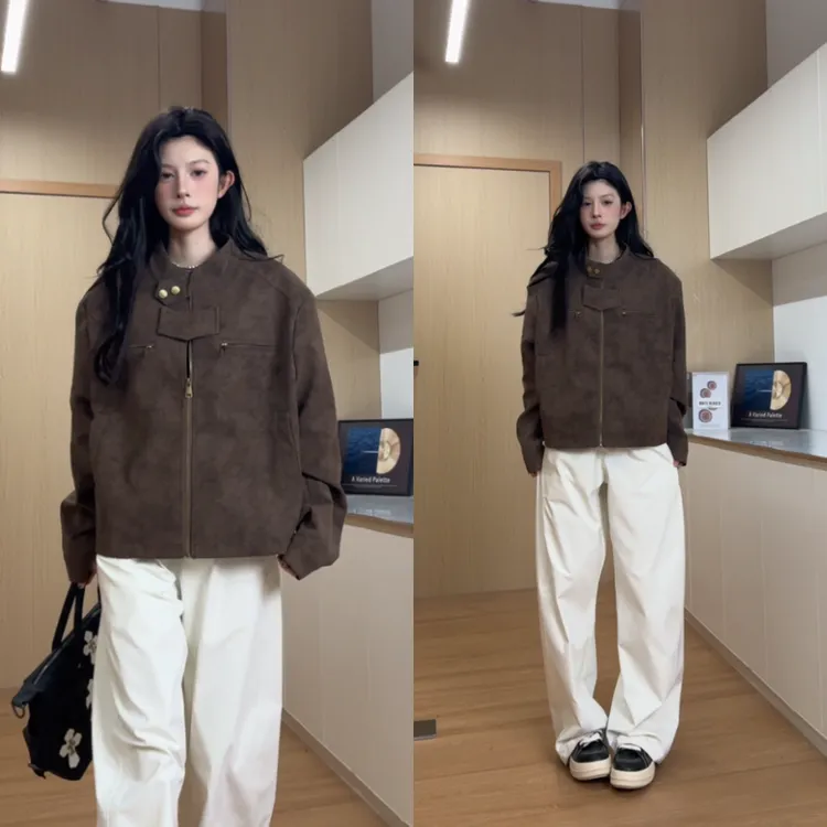 扎染pu皮衣垫肩短款机车服外套男春秋美式高街潮牌痞帅高级感夹克