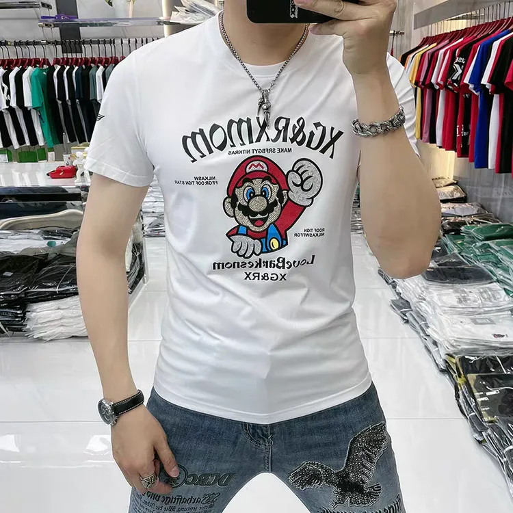 夏季丝光冰丝短袖新款薄款印花潮流休闲大码男装百搭痞帅修身上衣