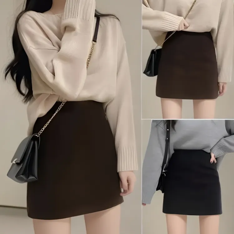 秋冬毛呢半身裙短裙韩版a字短裙高腰时尚简约显瘦百搭防走光