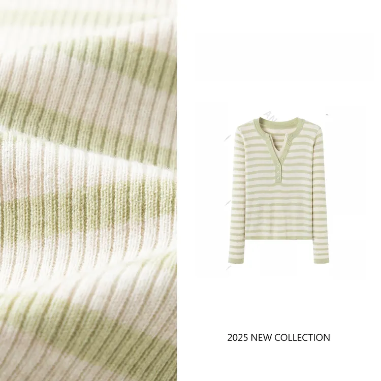 春季新款韩版甜美显瘦休闲时尚百搭撞色条纹纽扣套头针织衫-8868