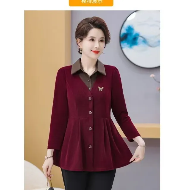 中年气质妈妈秋新款洋气大码中长款翻领假两件打底衫宽松上衣261