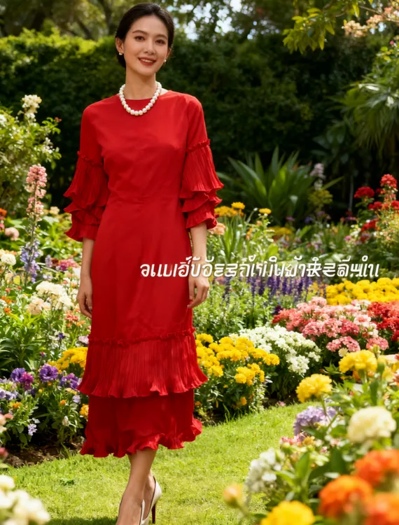 拼接连衣裙时尚不规则款礼服长裙红色夏季七分袖褶皱