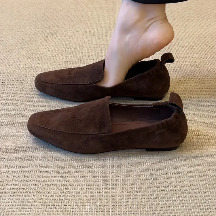 RubyL/1cm简约复古通勤百搭舒适方头纯色深口一脚蹬平底单鞋女款