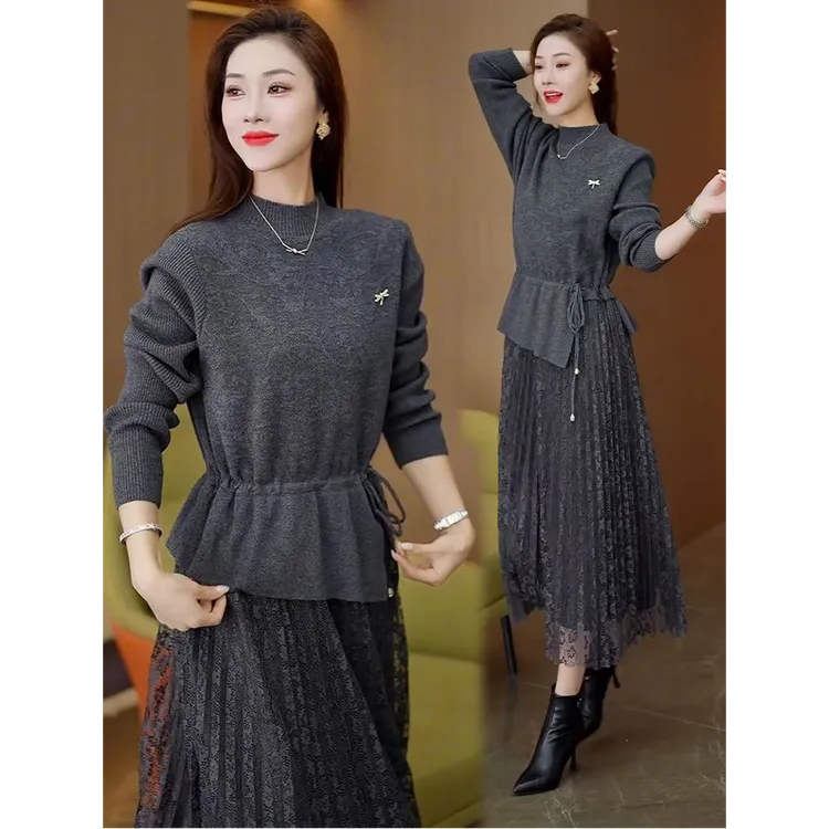 针织连衣裙女2025秋冬新款时髦洋气中长款假两件加厚打底针织裙子