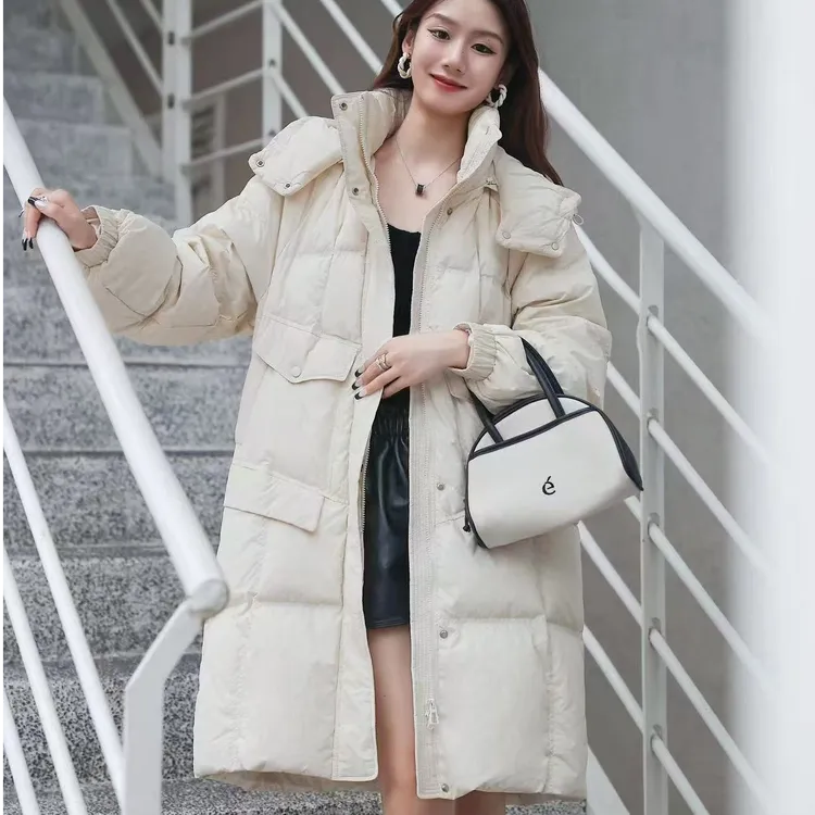 长款休闲女士大口袋羽绒服新国标90%