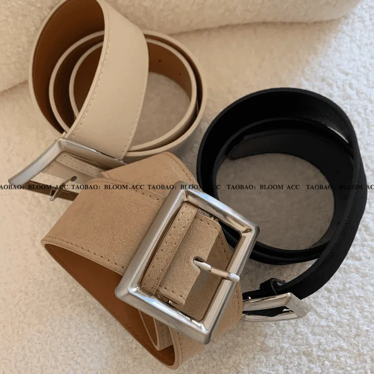 韩式东大门新款简约卡其色麂皮绒pu皮革腰带宽皮带百搭配饰带