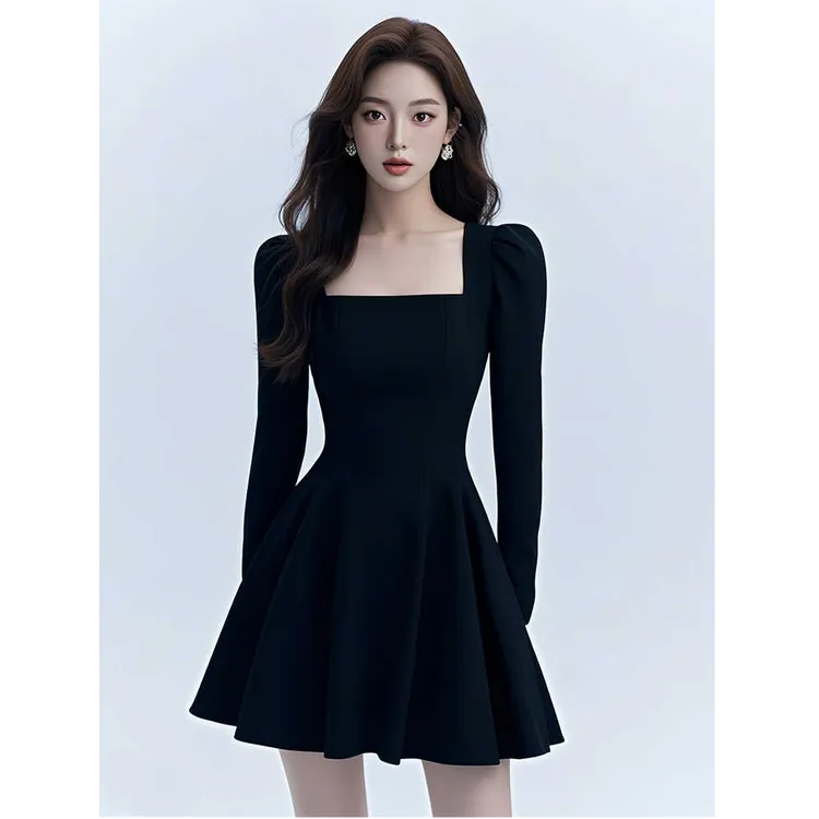 法式黑色赫本风连衣裙女2025秋冬新款富家千金名媛收腰小礼服裙子