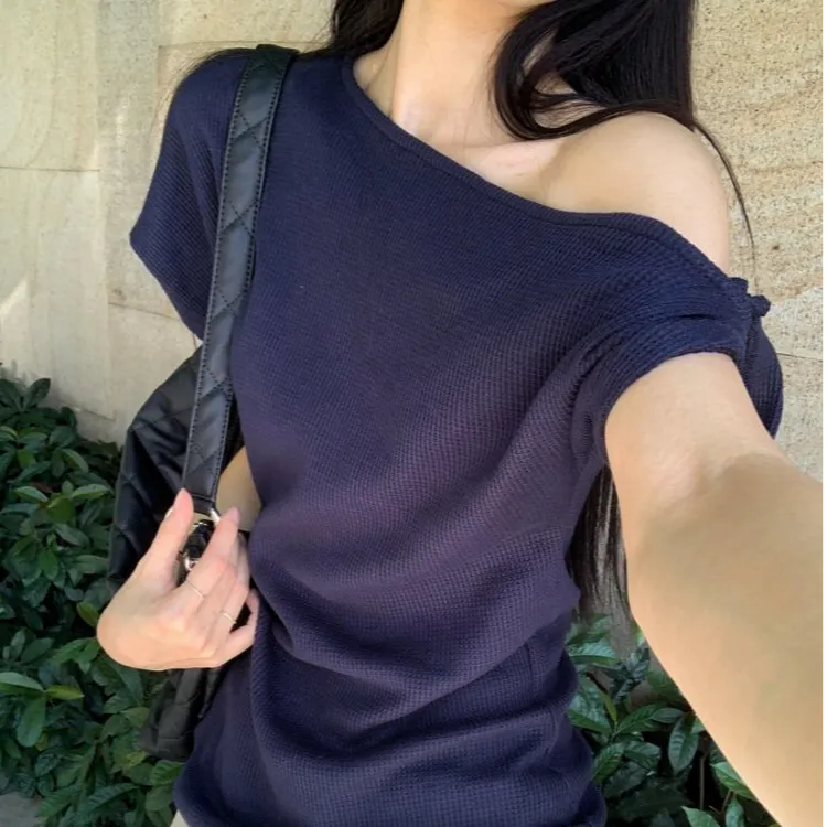 双面华夫格斜肩短袖t恤女辣妹显瘦美式不规则宽松弹力半袖上衣服