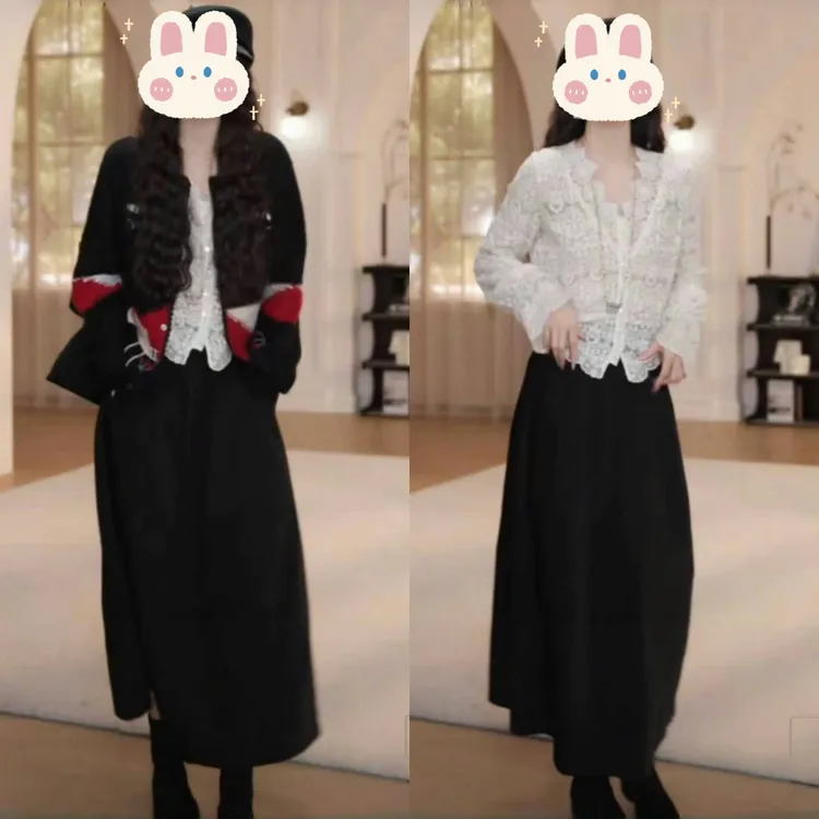 拼色针织毛衣开衫+蕾丝防晒喇叭袖长袖+半身裙（三件套）BB50322