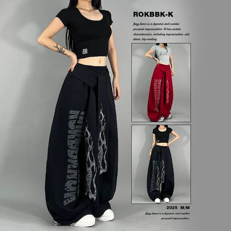 ROKBBK-K布韩街舞潮牌火焰字母印花宽松运动休闲裤女爵士舞