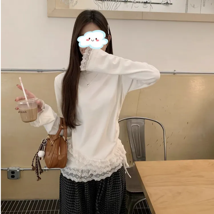 法式设计感小众蕾丝花边长袖T恤女早秋季修身显瘦内搭打底衫上衣