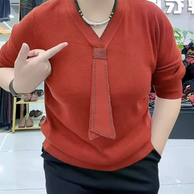 常规长袖毛针织衫毛衣衫女秋季飘带V领