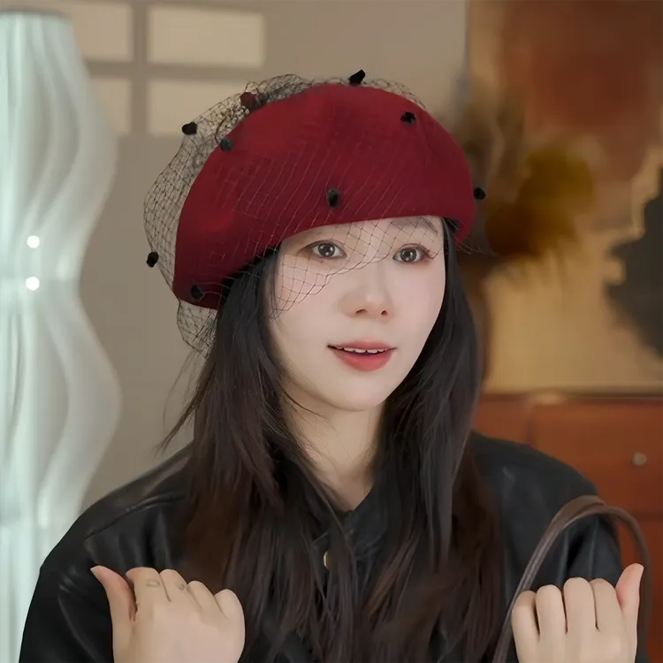 秋冬羊毛贝雷帽女优雅名媛风网纱八角帽显脸小保暖法式气质画家帽