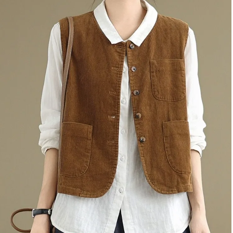 文艺复古灯芯绒马甲外套女秋冬季新款外搭坎肩马夹单排扣无袖上衣