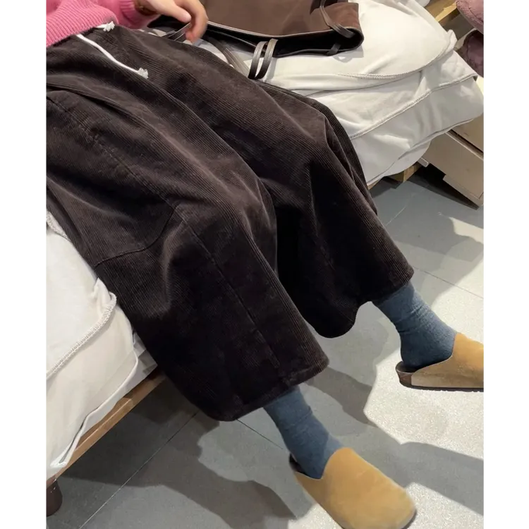 秋冬日系大阔腿裤设计感八分裤灯芯绒宽松休闲裤松紧腰慵懒花苞裤