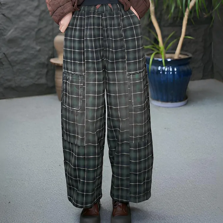 JJ【加绒】中腰刺绣厚款褶皱哈伦裤女牛仔裤长裤格纹秋冬百搭休闲裤