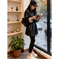 高级感洋气宽松中长款皮衣女系腰带立领皮外套X720(ZZ)E9-3