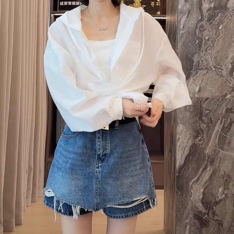 韩系纯色连帽抽绳慵懒松弛感薄款防晒衬衫女2025夏季新款长袖衬衣