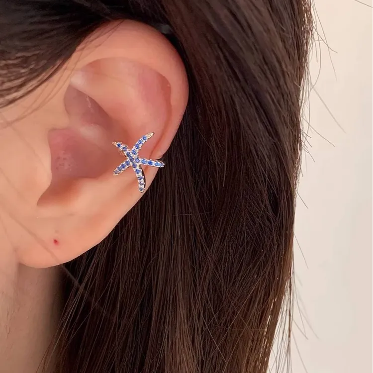 纯铜耳饰 海星跃影｜蓝色闪钻海星耳骨夹小众设计无耳洞高级感耳饰