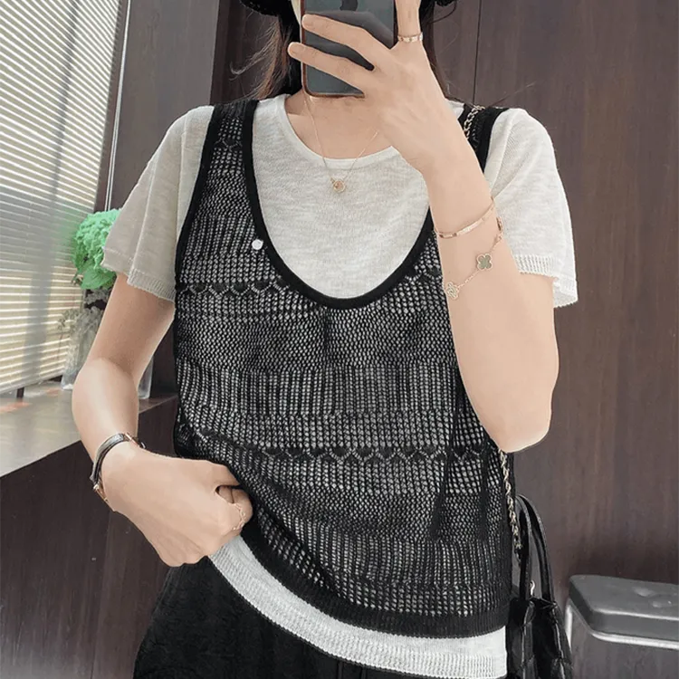 2025夏季新款薄款短袖T恤大码女装胖mm假两件遮肚冰丝针织衫上衣