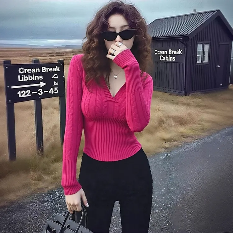 秋冬纯欲慵懒修身毛衣针织打底衫女内搭设计感独特玫红色v领上衣
