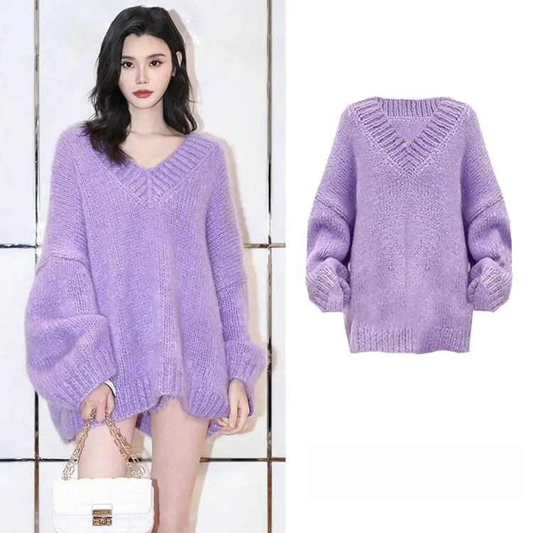 法芬图奚梦瑶明星同款毛衣女秋冬秋游宽松紫色套头v领长袖针织衫