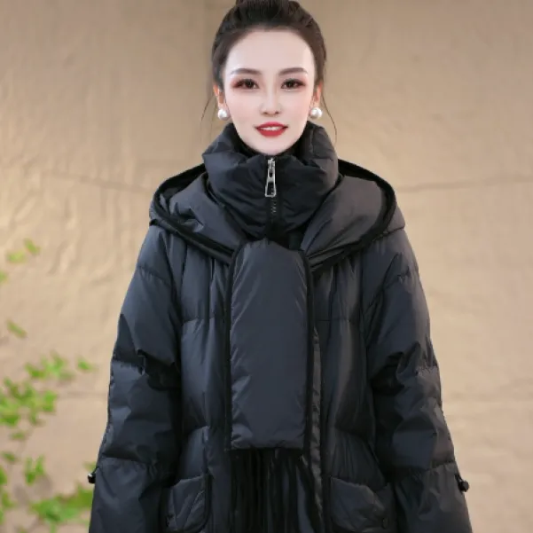 冬季设计感围巾连帽优雅百搭白鸭绒羽绒服M-XL