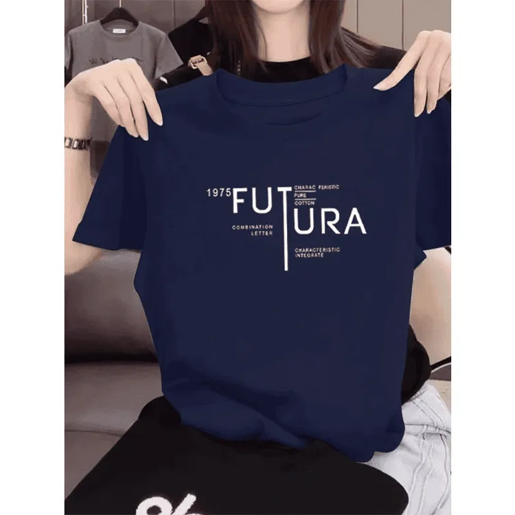 设计感小众正肩圆领短袖t恤女2025新款时尚百搭洋气藏青上衣夏季