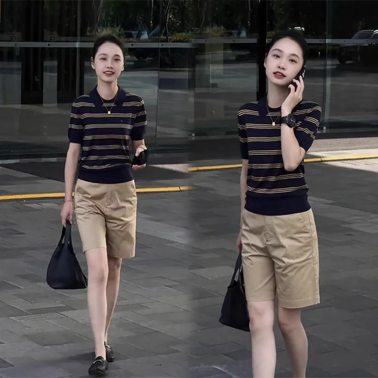 2025夏季新款老钱风时尚翻领条纹针织短袖女宽松休闲五分裤两件套