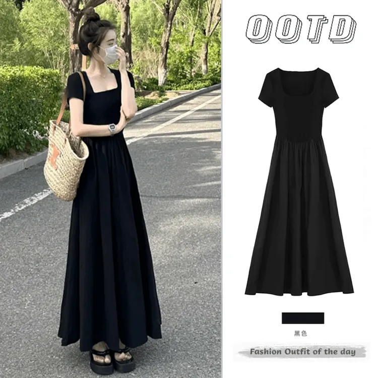 方领气质连衣裙女夏季法式加长款到脚踝黑色短袖赫本风针织超长裙