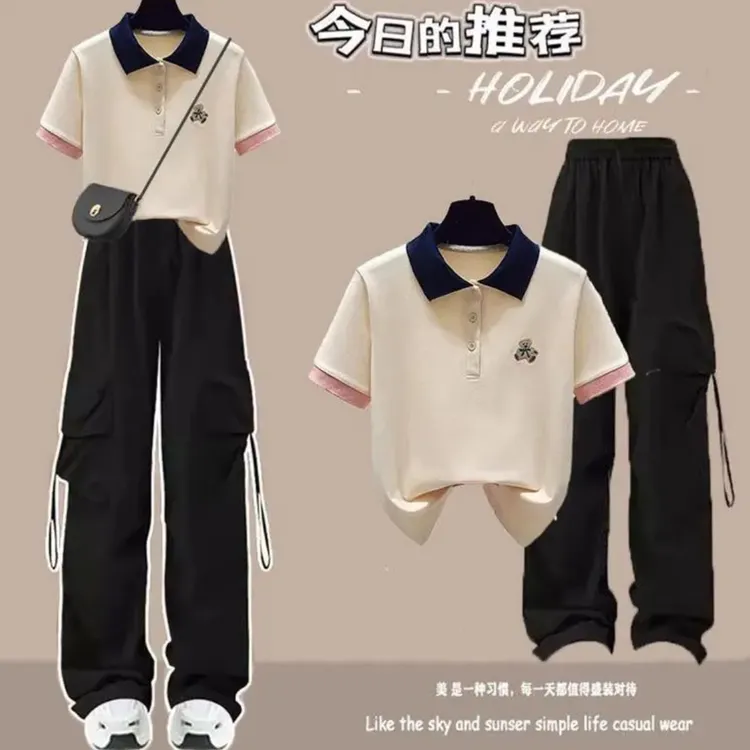 初中高中学生女孩夏天学院Polo领短袖t恤工装裤两件套装12-18岁潮