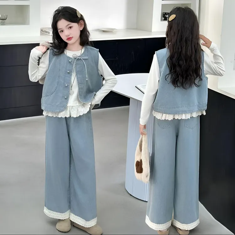 女童秋装套装2026新款爆款洋气儿童秋季长袖阔腿裤女孩牛仔三件套