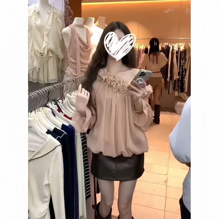 温柔甜美法式斜肩秋季花朵斜肩上衣女