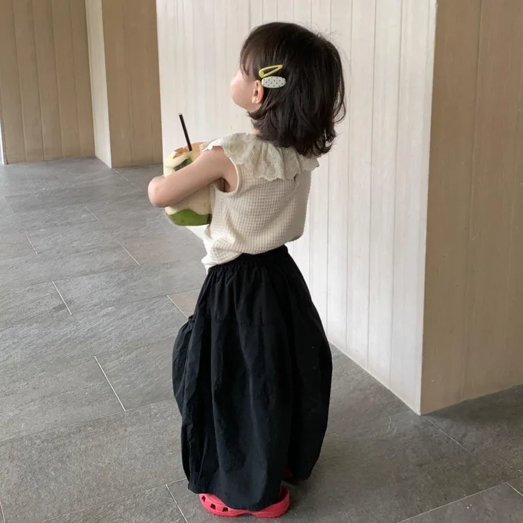 《现货》女童2025夏季法休闲百搭式叶边纯色背心阔腿气球裤套装