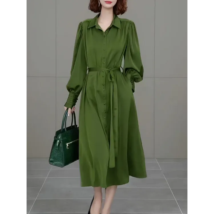 高级感收腰显瘦衬衫连衣裙2025春秋新款时尚减龄遮肚长袖过膝裙子