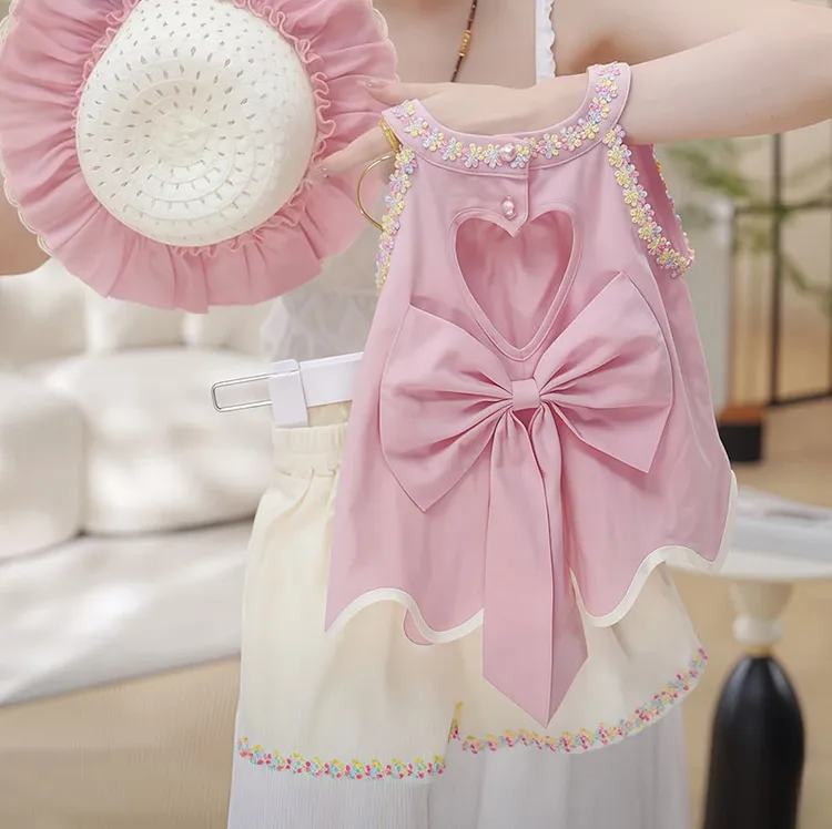 【送帽子】女童夏季新款套装洋气后背蝴蝶结花朵背心短裤两件套
