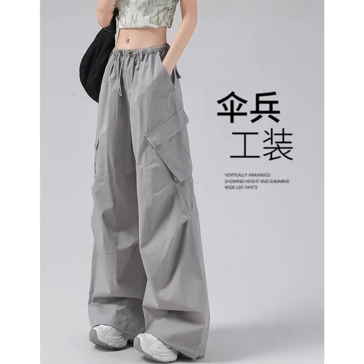 美式工装伞兵裤女夏季高腰设计感大口袋直筒阔腿裤两穿束脚运动裤