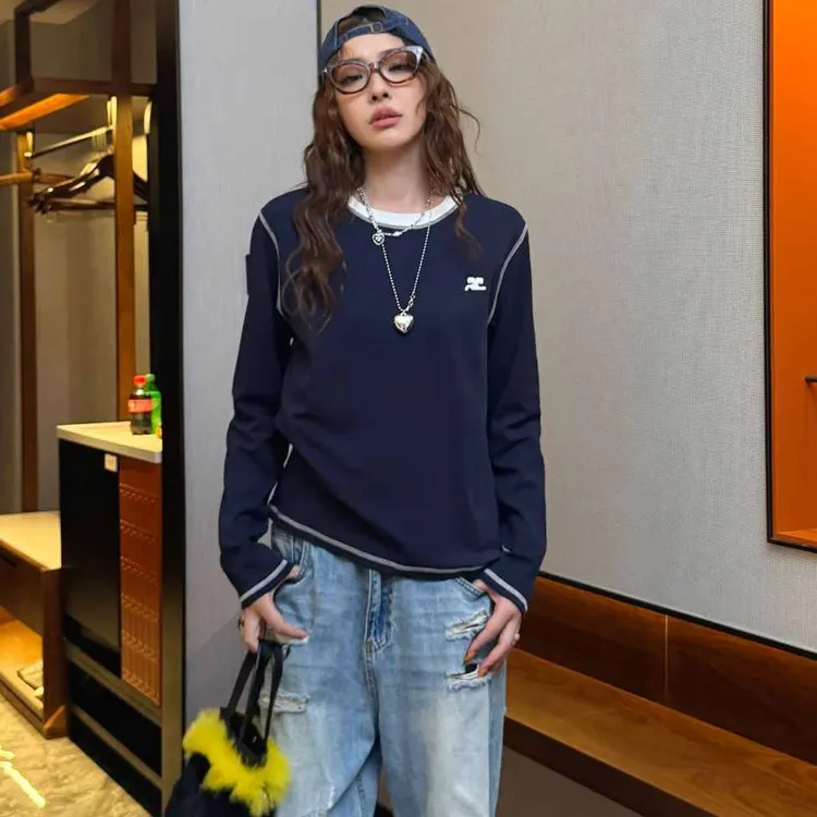 燕苹秋季新款时尚休闲螺纹拼接撞色圆领刺绣长袖针织打底衫RR9006